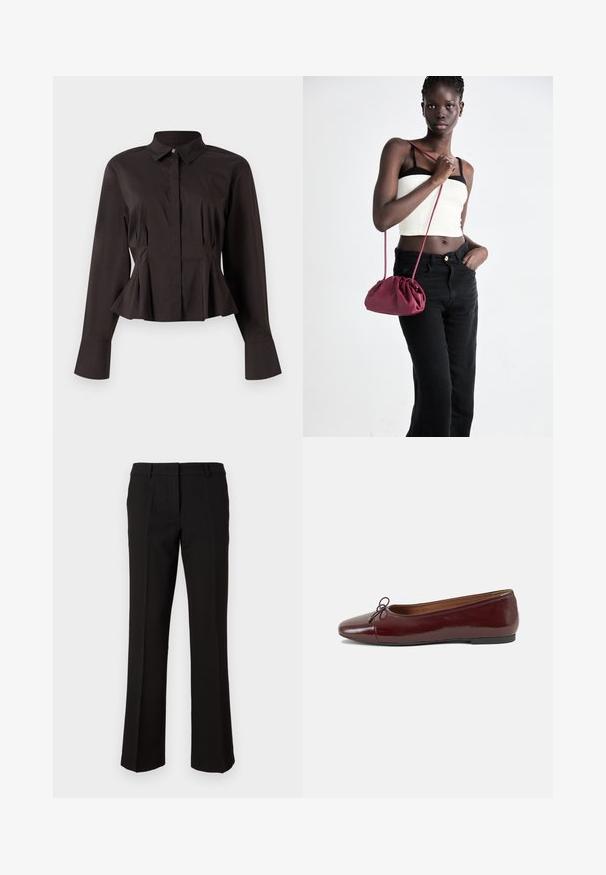 Blusa preta de mangas compridas para mulheres, com gola pontiaguda, botões frontais ocultos, cintura ajustada e bainha e punhos em formato evasê.; Calças pretas com um design de perna reta, feitas de tecido liso, com frente plana, passantes para cinto e sem bolsos visíveis.; Bailarinas em couro sintético borgonha com bico redondo, pequeno laço na frente e sola baixa em borracha preta. Textura suave.; Bolsa de tecido suave em borgonha com um design franzido e uma alça longa, usada à transversal. Modelo veste um top cropped branco e jeans pretos.