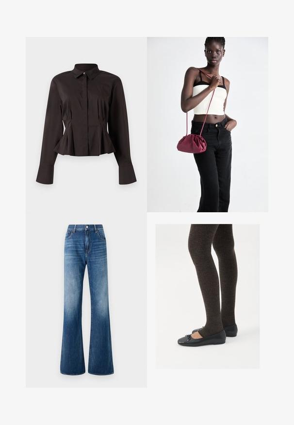 Juoda ilgarankovė moterų bliuska su smailiu apykakle, paslėptais priekinių mygtukų užsegimais, prigludusia juosmens dalimi ir plačia apačia bei rankovėmis.; Mėlynos džinsinės kelnės su plačiais šonais, išblukusios priežiūros, penkių kišenių dizainas, diržo kilpos ir priekinis mygtuko užsegimas. Glotni tekstūra ir klasikė karpymas.; Juodos plokščios bateliai su maža kaspinėlio detale prie pirštų, derinami su tamsiai rudos spalvos raukšlėtomis pėdkelnėmis. Bateliai turi lygų paviršių ir žemą profilį.; Bordo minkštas audinys rankinukas su susiraukšlėjimu ir ilgu dirželiu, dėvimas per kūną. Modelis vilki baltą trumpą palaidinę ir juodas džinsus.