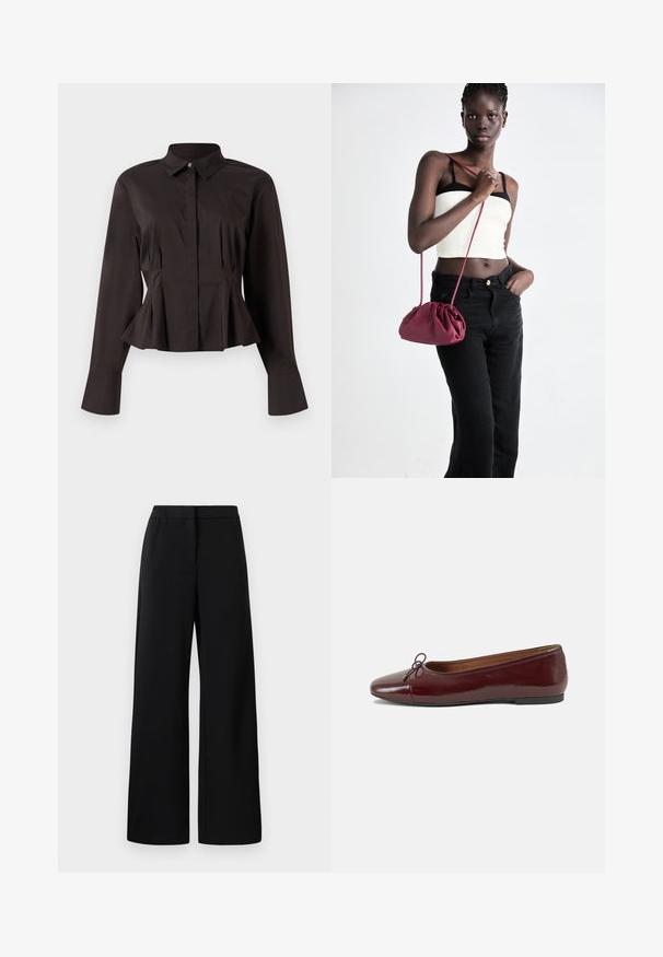 Black long-sleeve women's blouse with a pointed collar, hidden front buttons, fitted waist, and flared hem and cuffs.; Black wide-leg pants with elastic waistband and flat front, designed for a loose and comfortable fit.; Burgundy patent leather ballet flat with a rounded toe, small bow accent at the front, and a low, black rubber sole. Smooth texture.; Burgundy soft fabric handbag with a gathered design and a long strap, worn crossbody. Model wears a white crop top and black jeans.