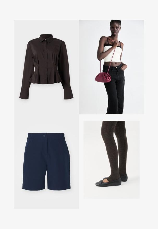 Must mustriga naiste pluus, millel on terav krae, peidetud eesnupud, väljakujunenud vöökoht ja laienev äär ning varrukad.; Tumed sinised lühikesed püksid siledast kangast, elastse vöökohaga, esitaskutega ja lihtsa, sirge säärekujundusega.; Mustad mustad kingad väikese teksaga varvaste juures, koos tumedate pruunide ribakangastega. Kingadel on sile tekstuur ja madal profiil.; Burgundia pehmeast kangast käekott, millel on kokkuvõetud disain ja pikk rihm, kantud üle keha. Mudel kannab valget crop-topi ja musti teksaseid.