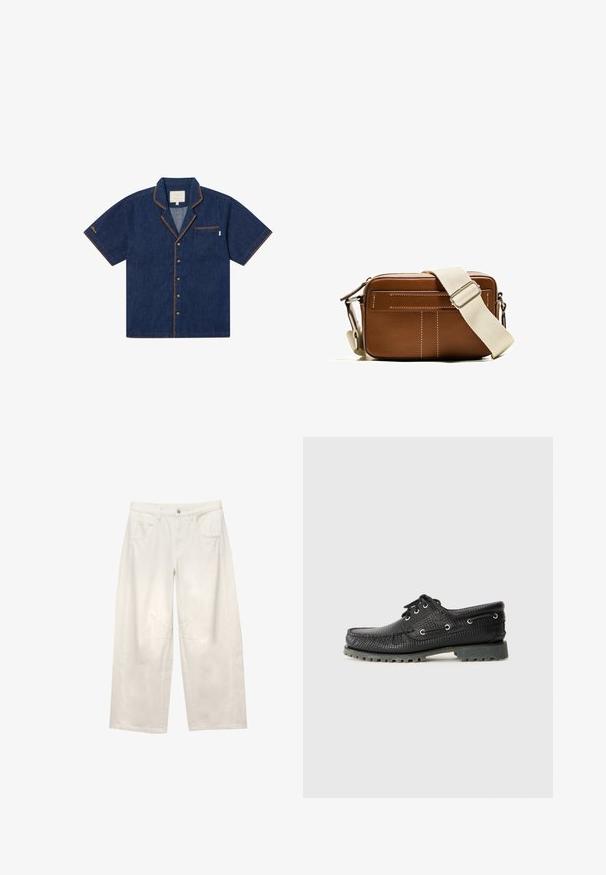 Kratka denim srajca temno modre barve s žepom na prsih, kontrastnim oranžnim šivom in klasičnim ovratnikom. Ima zapiranje na gumb.; Bele široke kavbojke z visokim pasom, sprednjimi žepi in vidnim šivanjem. Tkanina ima gladko teksturo in strukturirano obliko.; Črne teksturirane čevlje z vezanjem, okroglo konico, metalnimi luknjami za vezalke in robustnim sivim gumijastim podplatom. Zgornji del ima tkani vzorec.; Rjav usnjen torbica preko telesa z belim šivanjem, pravokotne oblike, z zadrgo in bež nastavljivim trakom. Ima dve sprednji žepki.