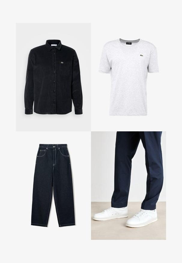 Schwarzes Cordhemd mit langen Ärmeln, Knopfverschluss, spitzem Kragen und einer linken Brusttasche mit einem kleinen grünen Logo.; Hellgraues T-Shirt aus Baumwollmischung, mit Rundhalsausschnitt, kurzen Ärmeln und einem kleinen grünen Krokodil-Logo auf der linken Brust.; Weit geschnittene, dunkle Denim-Jeans mit kontrastierendem weißen Nähten, fünf Taschen und einem Knopfverschluss. Mit einem hochgeschnittenen Design.; Weiße Sneaker mit perforierten Details an der Spitze und an der Seite, kombiniert mit navyfarbenen Hosen, vor einem neutralen Bodenhintergrund.