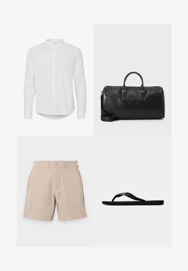 Hvit langermet skjorte med mandarin krage, knappefront og en lett buet kant. Laget av lett lin.; Beige shorts laget av lett materiale, med fire lommer og knappelukking, med en glatt tekstur og rett snitt design.; Svarte gummiflip-flopsandaler med en teksturert stropp og enkel flat såle, vist fra siden på en enkel lys bakgrunn.; Svart lær duffel bag med doble hender, sølvfarget hardvare og justerbar skulderreim. Glatt tekstur med glidelås.