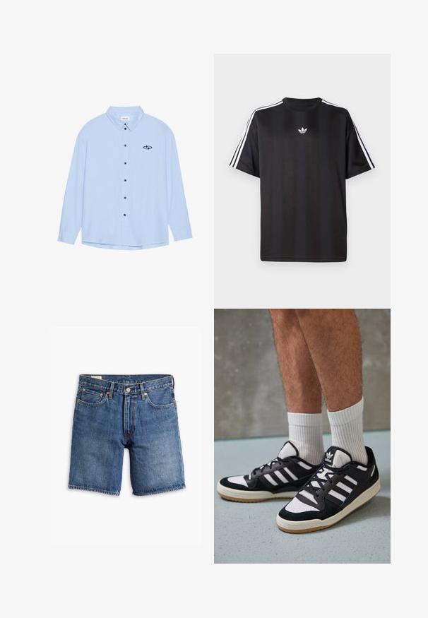 Camisa azul claro de botão, feita de tecido suave. Apresenta colarinho, mangas longas, botões pretos e um pequeno logótipo preto no lado esquerdo do peito.; T-shirt preto de manga curta com detalhes em branco nas três listas nos ombros e um pequeno logo branco no peito. Textura do tecido suave.; Calções de ganga em lavagem azul média com um design clássico. Apresenta cinco bolsos, passadores para cinto e ferragens em tom cobre. Textura desgastada por todo o lado.; Ténis em preto e branco com upper em camurça e couro, apresentando três riscas brancas, um toe perfurado e uma sola em borracha de goma.