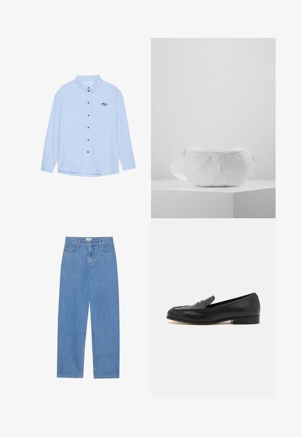 Camicia button-up azzurro chiaro realizzata in tessuto morbido. Presenta un colletto, maniche lunghe, bottoni neri e un piccolo logo nero sul lato sinistro del petto.; Jeans in denim azzurro chiaro con taglio dritto, design a cinque tasche, chiusura a pulsante singolo e dettagli di cucitura discreti sulle cuciture.; Mocassini in pelle nera con punta tonda, caratterizzati da un design intrecciato sulla parte anteriore, tacco basso e finitura liscia. Nessun ulteriore abbellimento.; Marsupio bianco realizzato in tessuto resistente, dotato di chiusura con zip, cinturino regolabile e di un piccolo logo impresso nella parte anteriore.
