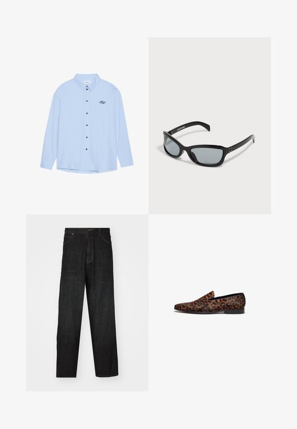 Chemise bleu clair à manches longues en tissu lisse. Elle présente un col, des manches longues, des boutons noirs et un petit logo noir sur la poitrine gauche.; Pantalons en denim noir avec une coupe droite, présentant une fermeture à bouton, des poches avant et des surpiqures contrastées le long des coutures.; Mocassins à imprimé léopard avec une silhouette élégante, fabriqués à partir d'un matériau texturé, dotés d'un talon bas et d'accents noirs contrastants.; Lunettes de soleil noires au design épuré et angulaire. Équipées de verres gris et de montures en plastique brillant. Comprend de petites accents en métal et un logo sur la branche.; Sac messager noir en matériau lisse, avec un rabat repliable, des fermoirs en métal argenté et une bandoulière réglable.