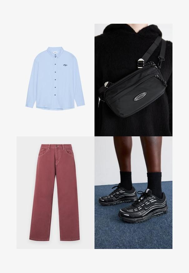Hellblaues Button-up-Hemd aus glattem Stoff. Verfügt über einen Kragen, lange Ärmel, schwarze Knöpfe und ein kleines schwarzes Logo auf der linken Brust.; Weit geschnittene, burgunderfarbene Jeans aus Baumwolle mit glatter Textur, ausgestattet mit Vordertaschen, Gürtelschlaufen und einem einzelnen Knopfverschluss.; Schwarze Nike-Schuhe verfügen über ein Obermaterial aus Mesh mit Akzentstreifen, strukturiertem Schnürsystem und einer schwarzen Gummisohle. Getragen mit schwarzen, gerippten Socken.; Schwarze Nylon-Crossbody-Tasche mit verstellbarem Gurt, ausgestattet mit einer glatten Textur, einer vorderen Reißverschlusstasche und einem Logo-Detail.