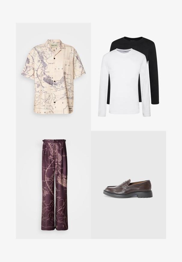 Lühikeste varrukatega särgil on heleda beeži kangas, millel on tumesinise värviga kaardiprint, klassikalise krae ja esikoti detailidega.; Kaks pikkade varrukatega t-särki, üks must ja teine valge, valmistatud puuvillast, neil on ümar kaelus ja siledad tekstuurid, esitletud kuhjana.; Lillak suured jalad püksid, millel on kaardiprindiga kergem toon. Valmistatud siledast kangast, pleated detailide ja elastse vöökoha ning. ; Pruunid nahast loafersid sileda viimistlusega, ümar toes, minimaalne õmblemine ja paks must kummitald. Ühtegi nähtavat riistvara või aksessuaare ei ole.