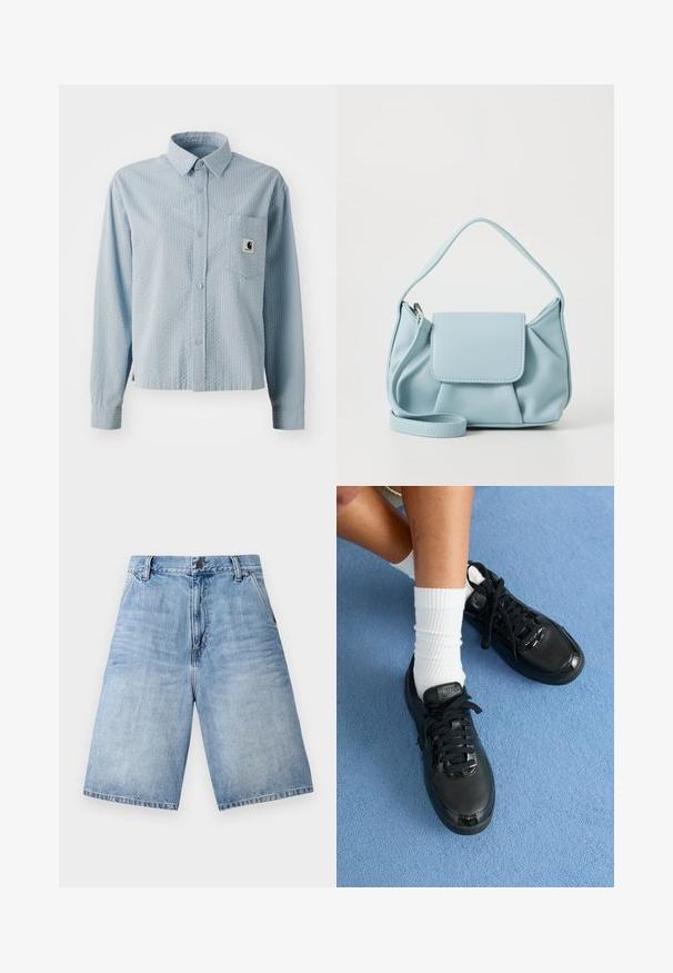 Lyseblå, langermet skjorte med knappestrengning, med et teksturert mønster, brystlomme og et merke på lommen. Laget av vevd stoff.; Lys blå denimshorts med løs passform, fem lommedesign og knappestengning i midjen. Råtne hem detalj ved bena.; Sorte Nike-sneakers har en teksturert overdel, blanke detaljer og runde skolisser. De er kombinert med hvite ribbede sokker på en lyseblå overflate.; Lys blå lærveske med topphåndtak, frontlomme med klaff og avtagbar håndleddsstropp på hvit bakgrunn.