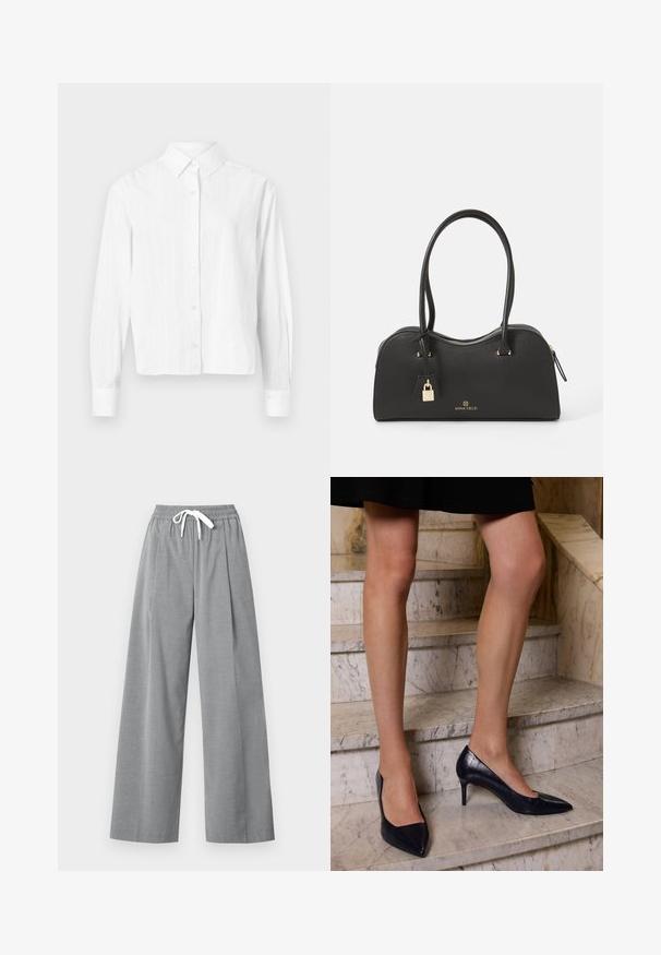 Hvid, knappet skjorte lavet af letvægtsstof. Har lange ærmer, klassisk krave og subtile lodrette striber. Crop-design.; Grå brede bukser lavet af letvægtigt stof med plisseret front og elastisk talje med en hvid snor.; Mørkeblå højhælede sko med spids tå, der har en glat og tekstureret finish, som ligner krokodilleskind.; Sort håndtaske lavet af tekstureret syntetisk materiale med et buet design, guldfarvet hardware, to håndtag og en aftagelig låseaccent.; Sølvdråbeøreringe med en glat, poleret overflade. Designet inkluderer en tårnform med sammenkoblede sektioner.