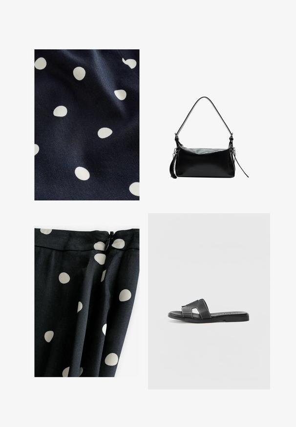 Tessuto blu navy con una superficie liscia, caratterizzato da pois bianchi di diverse dimensioni disposti in modo casuale. Il design è giocoso e ritmico.; Tessuto nero con grandi pois crema; texture liscia, design drappeggiato e chiusura con zip nella parte superiore.; Sandalo scivoloso in pelle nera con suola piatta, caratterizzato da due cinturini incrociati e una cucitura bianca a contrasto. Design semplice con punta aperta.; Borsa a tracolla in pelle nera con una tracolla curva, texture liscia, forma rettangolare, chiusura con zip e dettagli in metallo argentato.
