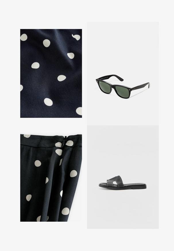 Marinefarvet stof med en glat tekstur, der har spredte hvide polka prikker i forskellige størrelser. Designet er legende og rytmisk.; Sort stof med store cremefarvede prikker; glat tekstur, draperet design og lynlås lukning øverst.; Sort lædersandal med flad sål, der har to krydsende remme og kontrasterende hvid syning. Enkel åben tå design.; Sorte plastiksolkaber med grønne linser, firkantede stel, sølvaccent på brynene og teksturerede templede arme. Angivet mærke på den indre arm.; Sort læder håndtaske med en buet skulderrem, glat overflade, rektangulær form, lynlåslukning og sølvfarvede metaldele.