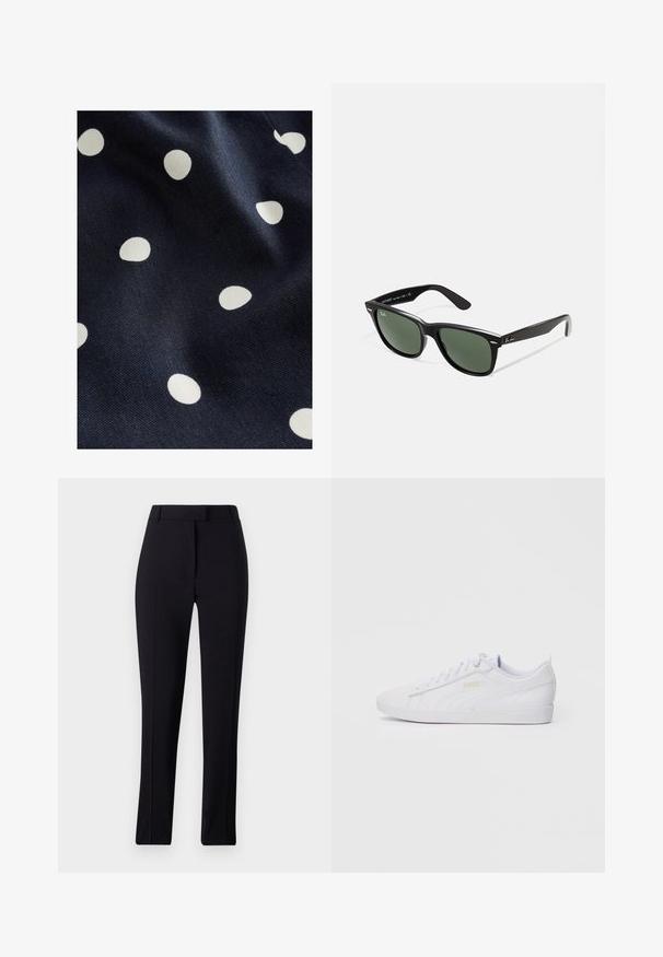 Laivastonsininen kangas, jossa on sileä rakenne ja hajallaan olevia valkoisia pilkkuja eri kokoisina. Suunnittelu on leikkisä ja rytminen.; Musta räätälöity housut, joissa on suora lahkeen malli, sileä pinta ja ei näkyviä kuvioita tai koristeluja.; Valkoinen matalakorkoinen Puma-tenniskenkä, jossa on nyöritys edessä, hienovarainen brändäys sivuilla ja pohjassa, sekä sileä synteettinen päällinen rentoon käyttöön.; Mustat muoviset aurinkolasit, joissa on vihreät linssit, neliönmuotoiset kehykset, hopeinen yksityiskohta kulmakarvojen kohdalla sekä tekstuuriset temppeleiden varret. Brändi ilmoitettu sisävarsissa.