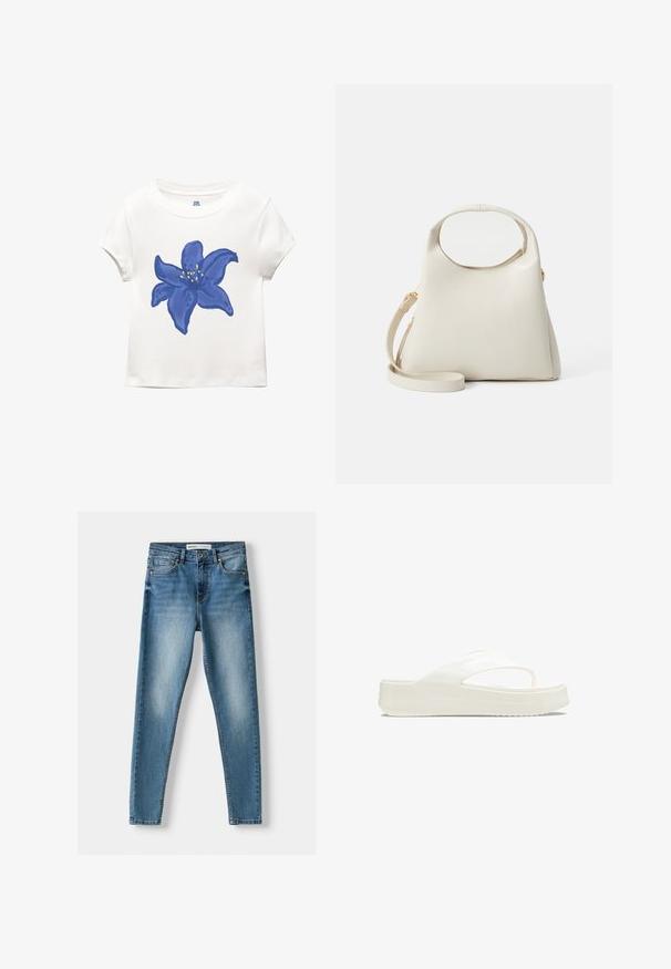 White cotton t-shirt featuring a large blue flower graphic with yellow accents, round neckline, and short sleeves.; Blue denim skinny jeans featuring five pockets, a zip fly, and a worn-in look with light fading down the front and distinct stitching.; White platform flip-flop sandals with a smooth plastic upper, a split strap design, and textured sole for grip. Embossed logo on side.; Cream-colored handbag with a structured design, circular handle, and removable shoulder strap. Made of smooth material with a subtle texture.