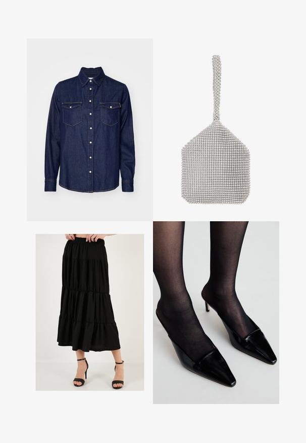 Tumšas džinsa krekls ar garām piedurknēm, norādītām apkaklēm, divām krūšu kabatām un kontrastējošiem oranžiem šuvju izšuvumiem. Pogāma aizdare.; Melna, vairāku līmeņu maksi svārki ar elastīgu vidukli, vieglu audumu un plūstošu siluetu, kopā ar melniem jostu augstpapēžu zābakiem.; Melnas patent ādas mūles ar smailu purngalu un zemu izgriezumu. Ievērojams plāns papēdis, savienots ar melnām caurspīdīgām zeķēm.; Sudraba acu maisiņš ar strukturētu formu, kas pārklāts ar maziem, atstarojošiem rhinestones. Iekļauj garu, dekorētu rokturi.