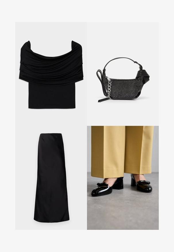 Zwarte off-shoulder top met gevallen stof, zachte textuur en een getailleerd ontwerp. Kenmerkt zich door een gladde, minimalistische zoom op de taille.; Norma Kamali BIAS OBIE SKIRT - Maxirok - black; Stuart Weitzman FELICITY BOW BLOCK - Klassieke pumps - black; Zwarte handtas met studded embellishments, een kettingriem en een soepel leren handvat, met een afgeronde vorm en een ritscompartiment.