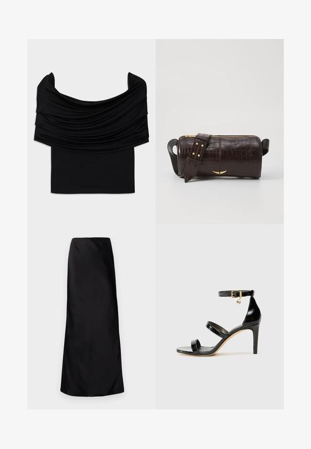 Mustat olkapään yli menevä paita, jossa on laskostettua kangasta, pehmeä rakenne ja vartalonmyötäinen muotoilu. Ominaisuuksina sileä, yksinkertainen helma vyötäröllä.; Norma Kamali BIAS OBIE SKIRT - Maksihame - black; Musta patentoitu nahkasandaali, jossa on kolme hihnaa, nilkkasolki ja 4 tuuman stiletto-korko. Varustettu kultaisilla yksityiskohdilla ja logokoristeella.; Ruskea krokotiilinkuosilla varustettu nahkalaukku, jossa on sylinterimäinen muoto, kultasävyiset yksityiskohdat ja irrotettava hihna, jossa on niittejä.