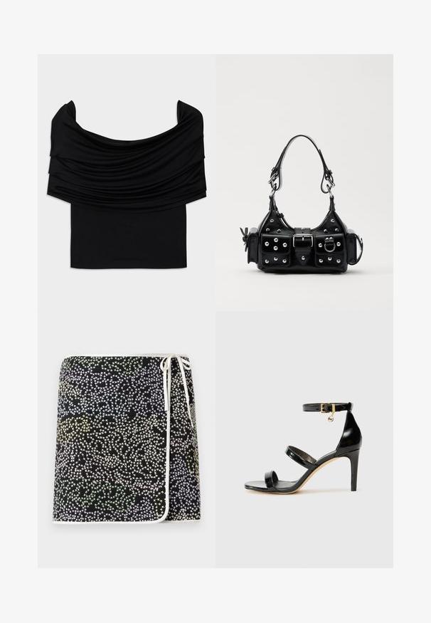 Fekete, vállnélküli felső, drapált anyaggal, puha textúrával és testhezálló fazonnal. A deréknál sima, minimális szegéllyel rendelkezik.; Fekete, átkötős szoknya, amely multszínű csillagmintával rendelkezik, pasztell sárga, zöld és kék árnyalatokban, fehér díszítéssel és kötővel.; Fekete lakk bőr szandál három pánttal, bokapánttal és 10 cm magasságú tűsarokkal. Arany színű részletekkel és logó charm-mal rendelkezik.; Fekete bőr kézitáska ívelt designnal, ezüst szegecsekkel, csattal és két oldalsó zsebbel. Állítható vállpánt a hordozási lehetőségekhez.