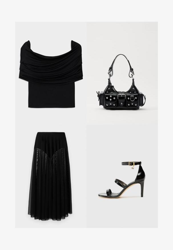 Črni top brez naramnic z drapirano tkanino, mehkobo in prilegajočim oblikovanjem. Ima gladek, minimalističen rob na pasu.; Črna krila z oprijetim pasom, ki vsebuje večplastno nabrano prozorno tkanino in teksturiran dizajn. Dolžina doseže sredino meč, s gladkim zaključkom.; Črne lakirane sandale s tremi trakovi, zaponko okoli gležnja in 10-centimetrsko stiletto peto. Imajo detajle iz zlatega kovanja in logotipni čar.; Črna usnjena torbica s ukrivljenim dizajnom, ki vsebuje srebrne žebljičke, zaponko in dve stranski žepki. Nastavljiv trak za različne možnosti nošenja.