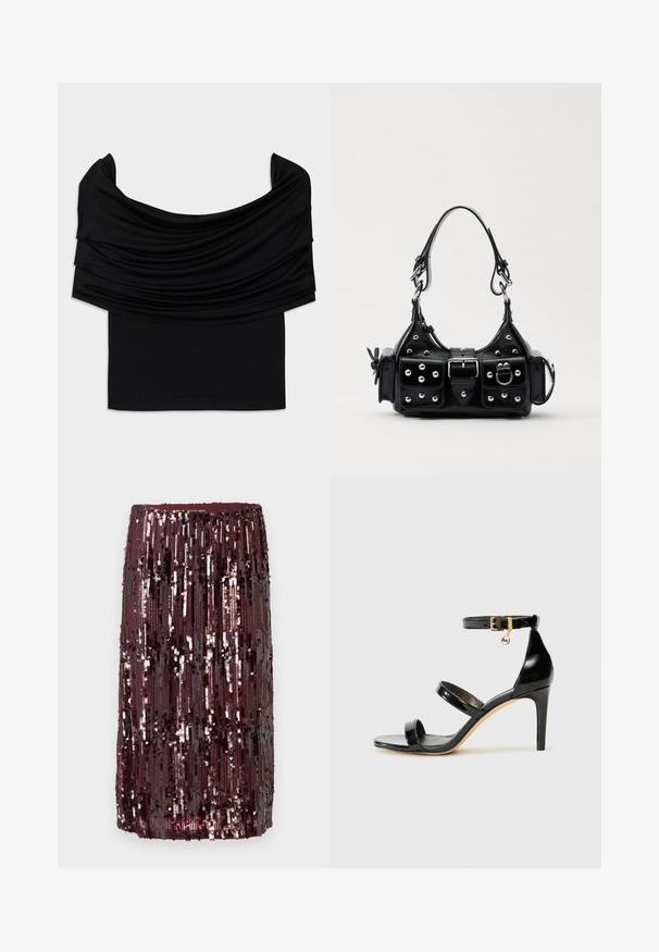 Black off-the-shoulder top with draped fabric, soft texture, and a fitted design. Features a smooth, minimal hem at the waist.; Burgundy sequin skirt featuring vertical stripes of sequins, creating a textured surface with a fitted waistband and knee-length design.; Black patent leather sandal with three straps, ankle buckle, and 4-inch stiletto heel. Features gold hardware detail and logo charm.; Black leather handbag with a curved design, featuring silver studs, a buckle, and two side pockets. Adjustable strap for carrying options.