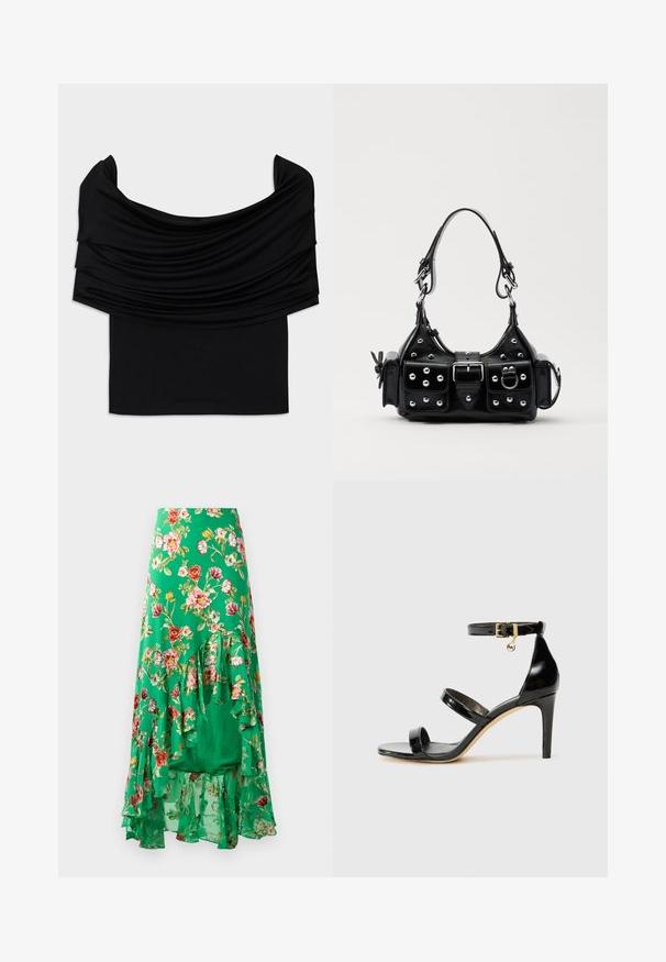 Černý top bez ramínek s přehnutou tkaninou, měkkou strukturou a přiléhavým střihem. Disponuje hladkým, minimalistickým lemem v oblasti pasu.; Květinová maxi sukně z lehkého materiálu, s zeleným pozadím a různobarevnými květinami, a vrstvami volánků na lemu.; Černé lakované kožené sandály se třemi pásky, sponou na kotníku a 10 cm jehlovým podpatkem. Obsahují zlaté kovové detaily a logo přívěsek.; Černá kožená kabelka s křivkovým designem, zdobená stříbrnými hřebíky, s přezkou a dvěma bočními kapsami. Nastavitelný popruh pro různé možnosti nošení.