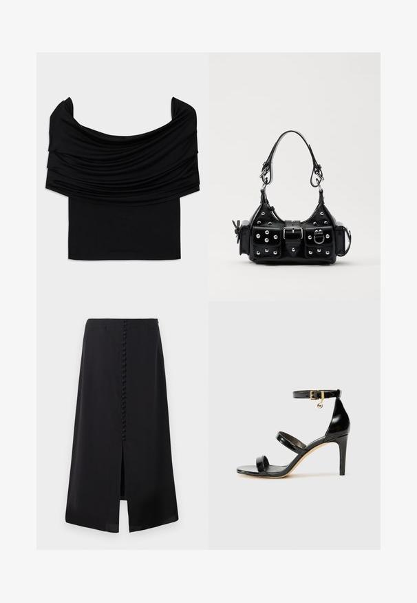 Schwarzes schulterfreies Top mit drapiertem Stoff, weicher Textur und figurbetontem Design. Mit einem glatten, schlichten Saum an der Taille.; Schwarzer Midirock aus glattem Material, mit einem Schlitz vorne und einer Reihe von kleinen Knöpfen auf der Rückseite für Details.; Schwarze Lackleder-Sandale mit drei Riemen, Knöchelriemen und 10 cm hohen Stiletto-Absatz. Verfügt über goldfarbene Hardware-Details und ein Logo-Charm.; Schwarze Lederhandtasche mit einem geschwungenen Design, verziert mit silbernen Nieten, einer Schnalle und zwei seitlichen Taschen. Verstellbarer Träger für verschiedene Tragemöglichkeiten.