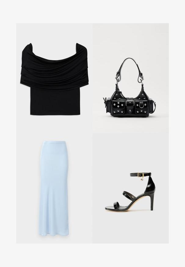 Top negru fără umeri, din țesătură drapată, cu o textură moale și un design ajustat. Dispune de un tiv neted și minimalist la talie.; Fustă din satin de culoare albastru deschis, lungime până la podea, cu talie ajustată și o ușoară evazare la baza, pe fundal alb.; Sandale negre din piele lacuită, cu trei curele, cataramă la glezna și toc stiletto de 10 cm. Prezintă detalii din metal auriu și un charm cu logo.; Geantă de piele neagră cu un design curbat, dotată cu studuri argintii, o cataramă și două buzunare laterale. Curea ajustabilă pentru opțiuni de transport.