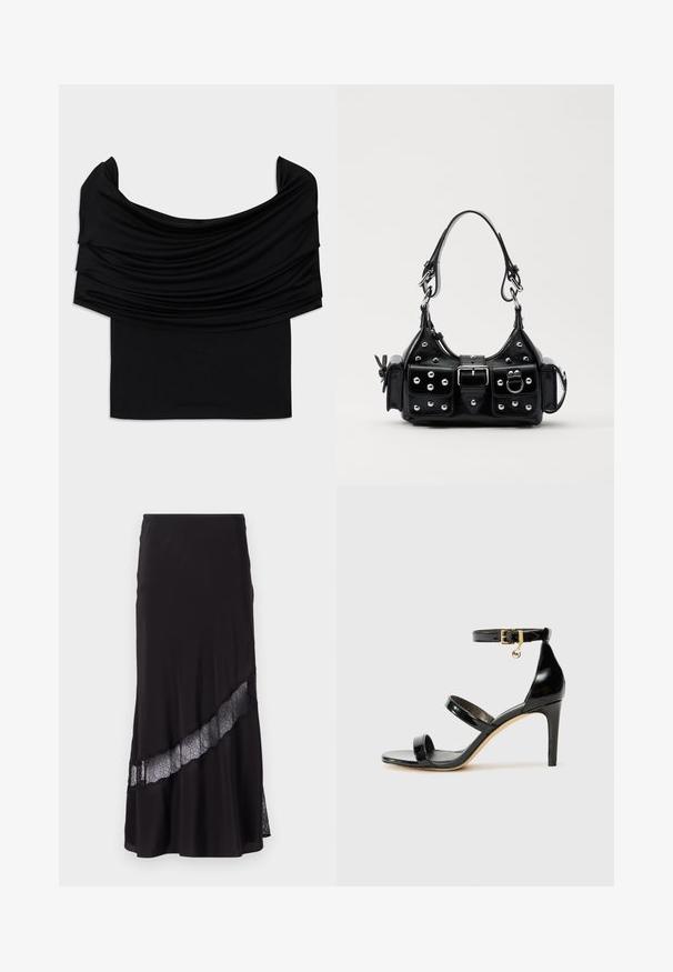 Black off-the-shoulder top with draped fabric, soft texture, and a fitted design. Features a smooth, minimal hem at the waist.; Black skirt made of smooth fabric, featuring a lace insert diagonally across the hem. Flared design with a subtle sheen.; Black patent leather sandal with three straps, ankle buckle, and 4-inch stiletto heel. Features gold hardware detail and logo charm.; Black leather handbag with a curved design, featuring silver studs, a buckle, and two side pockets. Adjustable strap for carrying options.
