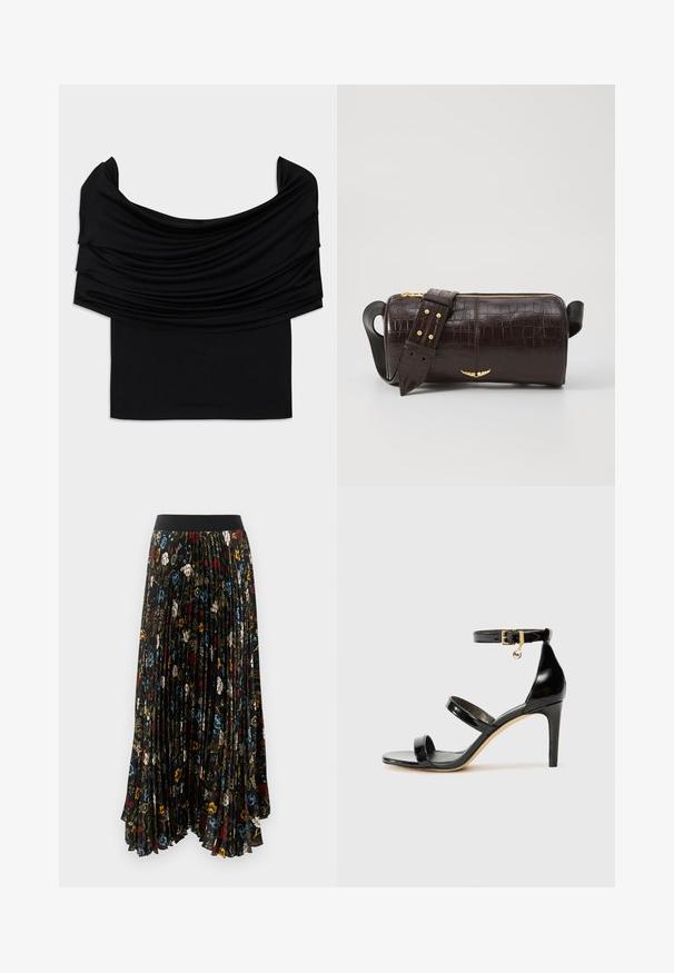 Schwarzes schulterfreies Top mit drapiertem Stoff, weicher Textur und figurbetontem Design. Mit einem glatten, schlichten Saum an der Taille.; Faltenmaxirock aus schwarzem Stoff mit einem floralem Muster in Rot, Blau und Weiß, ausgestattet mit einem einfarbigen schwarzen elastischen Bund.; Schwarze Lackleder-Sandale mit drei Riemen, Knöchelriemen und 10 cm hohen Stiletto-Absatz. Verfügt über goldfarbene Hardware-Details und ein Logo-Charm.; Braune, krokodilgeprägte Lederhandtasche mit zylindrischer Form, goldfarbener Hardware und einem abnehmbaren Tragegurt mit Nieten.
