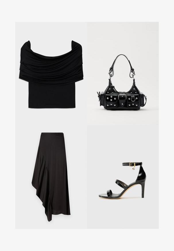 Fekete, vállnélküli felső, drapált anyaggal, puha textúrával és testhezálló fazonnal. A deréknál sima, minimális szegéllyel rendelkezik.; AERON ASTER SKIRT - Ceruzaszoknya - black; Fekete lakk bőr szandál három pánttal, bokapánttal és 10 cm magasságú tűsarokkal. Arany színű részletekkel és logó charm-mal rendelkezik.; Fekete bőr kézitáska ívelt designnal, ezüst szegecsekkel, csattal és két oldalsó zsebbel. Állítható vállpánt a hordozási lehetőségekhez.