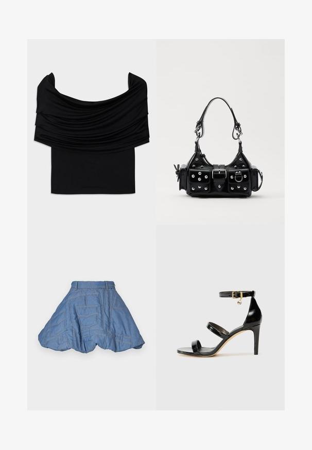 Juodas off-the-shoulder viršus su drabužius drapiruojančia medžiaga, minkšta tekstūra ir prigludusia forma. Yra lygus, minimalistinis apvadas juosmens srityje.; Ksenia Schnaider QUILTED MINI SKIRT - Mini sijonas - light blue; Juodas patentuotas odinis sandalai su trimis diržais, kulkšnies sagtimi ir 4 colių stiletto kulnu. Yra aukso detalės ir logotipo žavesys.; Juodas odinis rankinukas su kreiviu dizainu, su sidabro spalvos knopkėmis, užsegimu ir dviem šoninėmis kišenėmis. Reguliuojama dirželis nešimui.