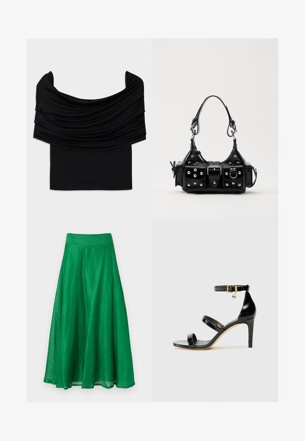 Schwarzes schulterfreies Top mit drapiertem Stoff, weicher Textur und figurbetontem Design. Mit einem glatten, schlichten Saum an der Taille.; Grüne A-Linien-Rock aus leichtem Stoff, mit einem glatten Bund und einem fließenden Design, das bis zur Mitte der Waden reicht.; Schwarze Lackleder-Sandale mit drei Riemen, Knöchelriemen und 10 cm hohen Stiletto-Absatz. Verfügt über goldfarbene Hardware-Details und ein Logo-Charm.; Schwarze Lederhandtasche mit einem geschwungenen Design, verziert mit silbernen Nieten, einer Schnalle und zwei seitlichen Taschen. Verstellbarer Träger für verschiedene Tragemöglichkeiten.
