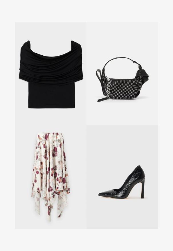 Črni top brez naramnic z drapirano tkanino, mehkobo in prilegajočim oblikovanjem. Ima gladek, minimalističen rob na pasu.; Bela krpa-oblika krila z maroon, sivo in oranžno akvarel cvetličnim vzorcem, ki ima elastičen pas.; Črne čevlje z visoko peto in konico v obliki puščice, z teksturo krokodilje kože, ki se ponašajo s sleek oblikovanjem, visokim stiletto peto in gladkim črnim notranjostjo.; Črna torbica z okrasnimi žebljički, verižnim trakom in gladkim usnjenim ročajem, zaokrožene oblike z zaklepanjem na zadrgo.