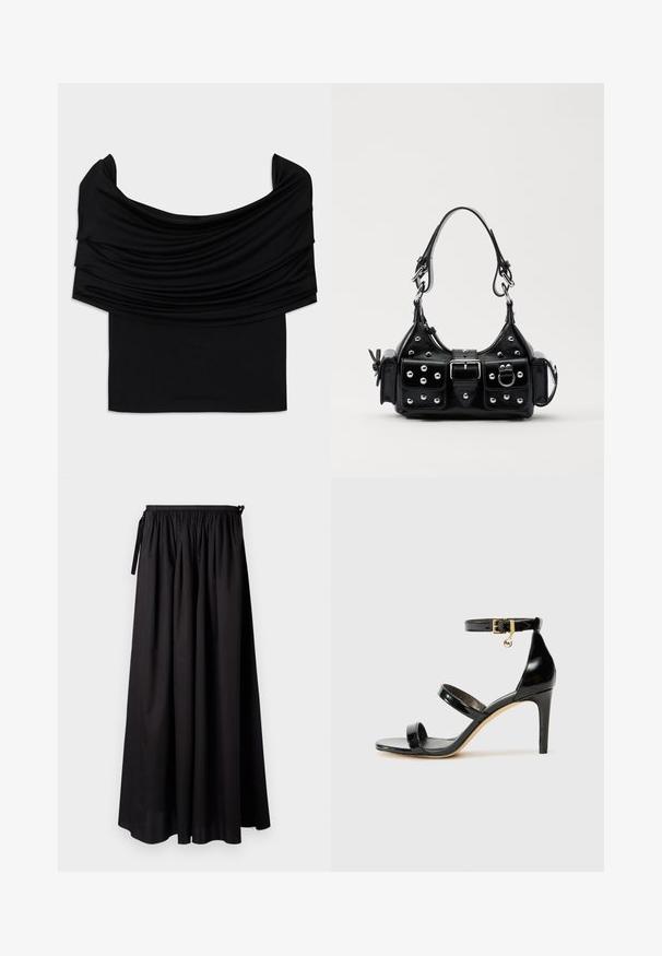 Juodas off-the-shoulder viršus su drabužius drapiruojančia medžiaga, minkšta tekstūra ir prigludusia forma. Yra lygus, minimalistinis apvadas juosmens srityje.; Juoda maxi sijonas, pagamintas iš lengvos medžiagos, turintis elastinę juosmens juostą su raišteliais ir laisvo kritimo dizainą su lygiu paviršiumi.; Juodas patentuotas odinis sandalai su trimis diržais, kulkšnies sagtimi ir 4 colių stiletto kulnu. Yra aukso detalės ir logotipo žavesys.; Juodas odinis rankinukas su kreiviu dizainu, su sidabro spalvos knopkėmis, užsegimu ir dviem šoninėmis kišenėmis. Reguliuojama dirželis nešimui.