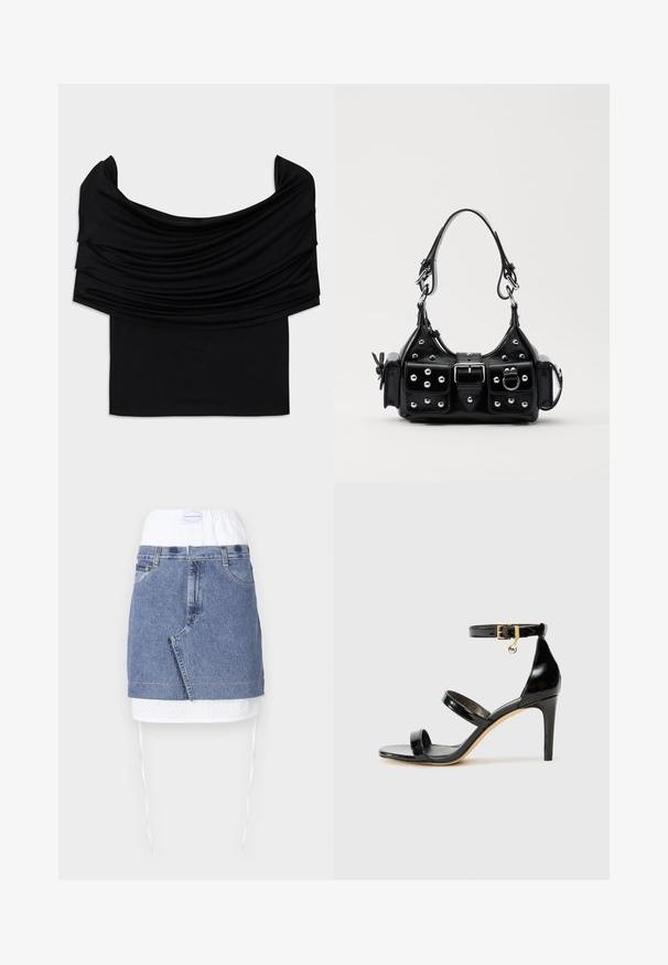 Top nero con spalle scoperte realizzato in tessuto drappeggiato, con una consistenza morbida e un design aderente. Presenta un orlo liscio e minimalista in vita.; Gonna di jeans con corpo blu, vita perforata bianca e lacci. Presenta tasche frontali e un taglio dritto con orlo grezzo.; Sandalo in pelle verniciata nera con tre cinturini, fibbia alla caviglia e tacco a stiletto di 10 cm. Presenta dettagli in hardware dorato e un charm con logo.; Borsa a mano in pelle nera con design curvo, caratterizzata da borchie argentate, una fibbia e due tasche laterali. Tracolla regolabile per diverse opzioni di trasporto.