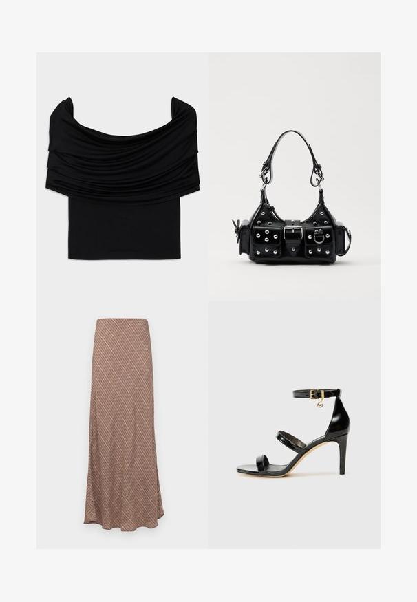 Black off-the-shoulder top with draped fabric, soft texture, and a fitted design. Features a smooth, minimal hem at the waist.; Long, flared skirt with a brown geometric pattern, featuring a smooth texture and an elastic waistband for comfort.; Black patent leather sandal with three straps, ankle buckle, and 4-inch stiletto heel. Features gold hardware detail and logo charm.; Black leather handbag with a curved design, featuring silver studs, a buckle, and two side pockets. Adjustable strap for carrying options.