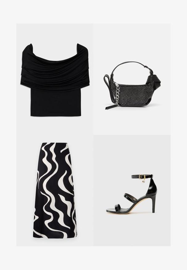 Mustmust õla pealt avatud must topp, millel on rippuv kangas, pehme tekstuur ja kehakujuline disain. Omab sujuvat, minimalistlikku äärt vööl.; Musthave mustra musta, millel on valged lainelised mustrid. Valmistatud kerge kangast, millel on voolav disain ja sirge lõige. Ideaalne igapäevaseks kandmiseks.; Must musta nahk sandaal kolme rihmaga, pahkluu vööga ja 4-tollise stilettakontsaga. Omab kuldset detaili ja logovõtit.; Must must have must päris omadused kobaraga nahast käekott, millel on nurgeliselt kaunistused, ketiraam ja sile nahast käepide, ümmargune kuju ja tõmblukuga tasku.