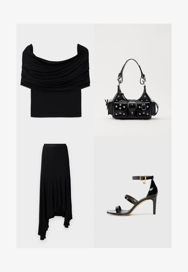 Zwarte off-shoulder top met gevallen stof, zachte textuur en een getailleerd ontwerp. Kenmerkt zich door een gladde, minimalistische zoom op de taille.; Zwarte asymmetrische rok met een golvende onderrand, gemaakt van zachte, elastische stof, met een brede tailleband met verhoogde branding.; Zwarte gepatineerde leren sandaal met drie banden, enkelgesp en 10 cm hoge stiletto hak. Bevat gouden hardwaredetails en een logo charm.; Zwarte lederen handtas met een gebogen ontwerp, voorzien van zilveren studs, een gesp en twee zijvakken. Verstelbare schouderband voor verschillende draagmogelijkheden.