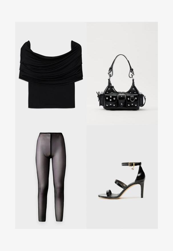 Mustat olkapään yli menevä paita, jossa on laskostettua kangasta, pehmeä rakenne ja vartalonmyötäinen muotoilu. Ominaisuuksina sileä, yksinkertainen helma vyötäröllä.; Leggings musta läpinäkyvät mustat, korkea vyötärö ja sileä pinta. Sisältää saumattoman muotoilun ja vartalonmyötäisen siluetin.; Musta patentoitu nahkasandaali, jossa on kolme hihnaa, nilkkasolki ja 4 tuuman stiletto-korko. Varustettu kultaisilla yksityiskohdilla ja logokoristeella.; Musta nahkainen käsilaukku, jossa on kaareva muotoilu, hopeiset niitit, solki ja kaksi sivutaskua. Säädettävä olkahihna erilaisiin kantovaihtoehtoihin.