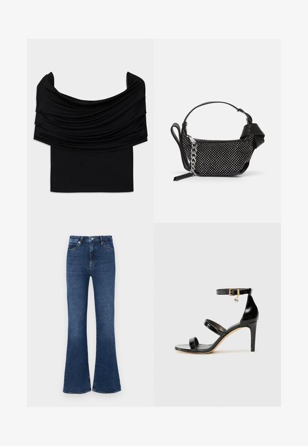 Crna bluzica bez naramenica s drapiranim materijalom, mekom teksturom i prilagođenim dizajnom. Ima glatki, minimalistički rub u struku.; Tamno plave široke traperice od denima, s visokim strukom, standardnim dizajnom s pet džepova i diskretnim detaljima u šavovima.; Crne lakirane kožne sandale s tri trake, kopčom na zapešću i potpeticom od 10 cm. Sadrže zlatne detalje i privjesak s logotipom.; Crna torbica s ukrasima od studenaca, lančanim remenom i glatkom kožnom drškom, zaobljenog oblika i zatvorenim odjeljkom na zip.