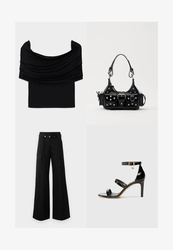 Fekete, vállnélküli felső, drapált anyaggal, puha textúrával és testhezálló fazonnal. A deréknál sima, minimális szegéllyel rendelkezik.; Fekete, bő szárú nadrág magas derékkal, nagyméretű oldalsó zsebekkel, két elülső gombbal és hurok részlettel. Tartós anyagból készült.; Fekete lakk bőr szandál három pánttal, bokapánttal és 10 cm magasságú tűsarokkal. Arany színű részletekkel és logó charm-mal rendelkezik.; Fekete bőr kézitáska ívelt designnal, ezüst szegecsekkel, csattal és két oldalsó zsebbel. Állítható vállpánt a hordozási lehetőségekhez.