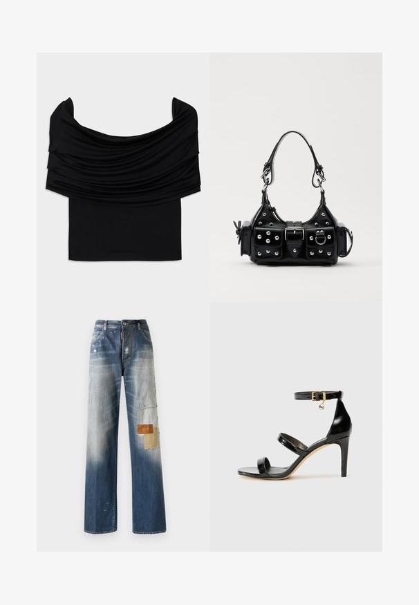 Top negru fără umeri, din țesătură drapată, cu o textură moale și un design ajustat. Dispune de un tiv neted și minimalist la talie.; Jeans din denim albastru cu croială lejeră, secțiuni decolorate și diverse petice texturate în nuanțe de maro și bej pe piciorul stâng. Ușor deteriorate la vedere.; Sandale negre din piele lacuită, cu trei curele, cataramă la glezna și toc stiletto de 10 cm. Prezintă detalii din metal auriu și un charm cu logo.; Geantă de piele neagră cu un design curbat, dotată cu studuri argintii, o cataramă și două buzunare laterale. Curea ajustabilă pentru opțiuni de transport.