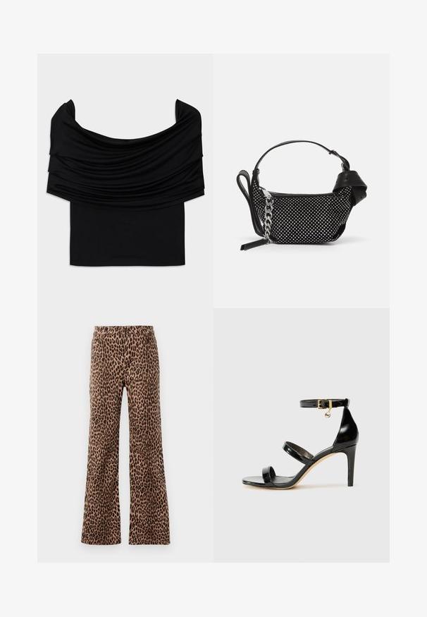 Čierny top bez ramienok s drapériou, mäkkou textúrou a priliehavým strihom. Disponuje hladkým, minimalistickým lemom v oblasti pásu.; Nohavice s leopardím vzorom vo farbe béžovej a čiernej, s hladkou textúrou a zúženým lemom. Dizajn so štandardným pásom a vreckami.; Čierne lakované sandále s tromi pásikmi, spona na členku a 10 cm ihlovým podpätkom. Obsahujú zlaté detaily s hardwarem a logo prívesok.; Čierna kabelka so cvočkovými ozdobami, reťazovou rukoväťou a hladkým koženým držadlom, so zaobleným tvarom a zipsovým oddelením.