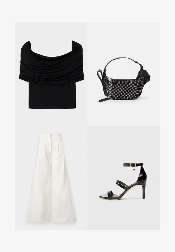 Zwarte off-shoulder top met gevallen stof, zachte textuur en een getailleerd ontwerp. Kenmerkt zich door een gladde, minimalistische zoom op de taille.; Witte wijde broek van katoen, met een hoge taille, plooien aan de voorkant en een strak design zonder zakken.; Zwarte gepatineerde leren sandaal met drie banden, enkelgesp en 10 cm hoge stiletto hak. Bevat gouden hardwaredetails en een logo charm.; Zwarte handtas met studded embellishments, een kettingriem en een soepel leren handvat, met een afgeronde vorm en een ritscompartiment.