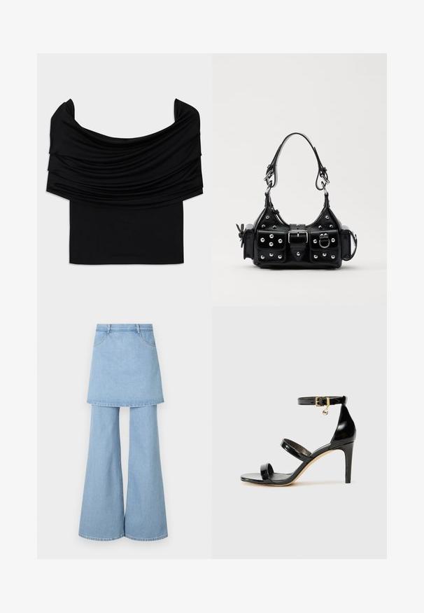Juodas off-the-shoulder viršus su drabužius drapiruojančia medžiaga, minkšta tekstūra ir prigludusia forma. Yra lygus, minimalistinis apvadas juosmens srityje.; Džinsų sijonas-kelnės hibridas, pasižymintis šviesiai mėlyna medžiaga, platėjančiomis kojomis ir matomais siuvimo detalėmis. Sukurtas su priekinėmis kišenėmis ir juosmeniu.; Juodas patentuotas odinis sandalai su trimis diržais, kulkšnies sagtimi ir 4 colių stiletto kulnu. Yra aukso detalės ir logotipo žavesys.; Juodas odinis rankinukas su kreiviu dizainu, su sidabro spalvos knopkėmis, užsegimu ir dviem šoninėmis kišenėmis. Reguliuojama dirželis nešimui.