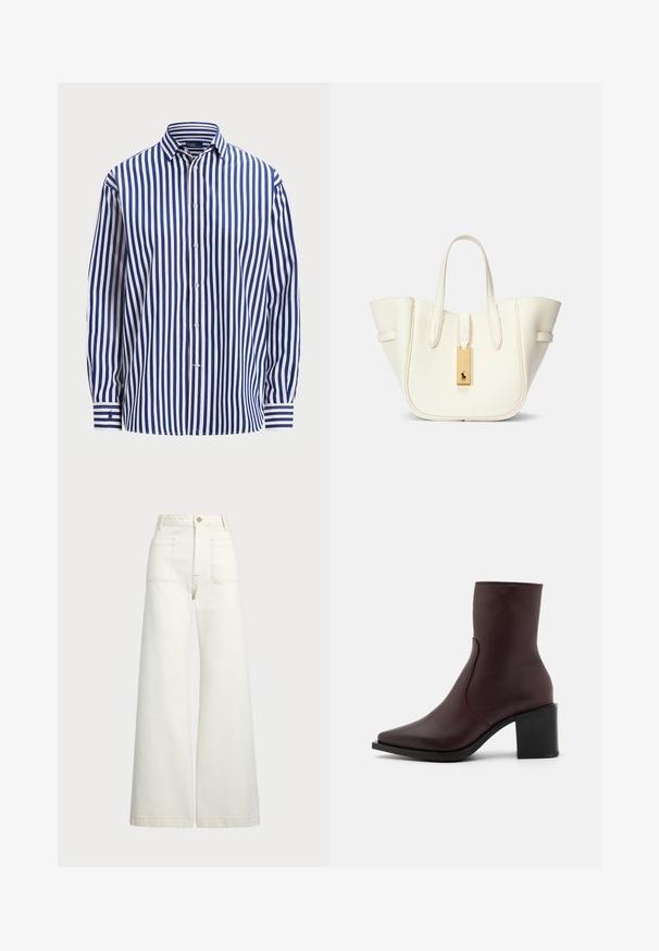 Polo Ralph Lauren RELAXED FIT STRIPED COTTON SHIRT - Košilová halenka - fall royal/white; Džíny s širokými nohavicemi v off-white denim. Vysoký pas s knoflíkovým zapínáním, dvě přední kapsy a detaily kontrastního šití.; Zign LEATHER - Kotníkové boty - bordeaux; Bílá kožená taška přes rameno se strukturovaným tvarem, výrazným prošitím, zlatým kovovým štítkem a dvojitými uchy. Texturovaný povrch s bočními kapsami.