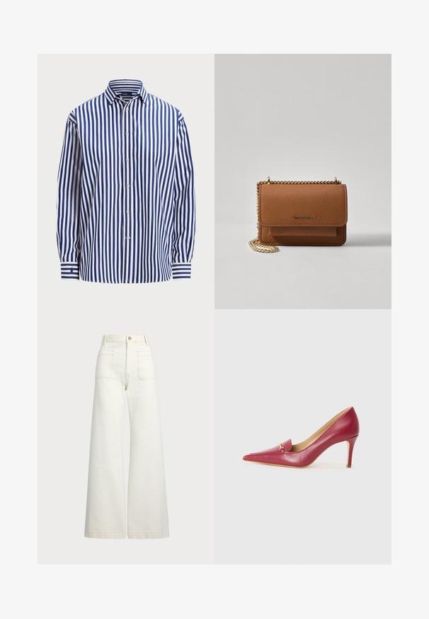 Polo Ralph Lauren RELAXED FIT STRIPED COTTON SHIRT - Nööpidega pluus - fall royal/white; Laiad teksad heledast denimist. Kõrge vöökoht, nööbivöö, kaks esikotitäit ja kontrastsed õmblused.; Punase nahklihased kõrged kontsad terava ninaga, millel on sile viimistlus, väikese klapi ja kuldse sisustuse detailiga kätel.; Pruun tekstureeritud nahk ristkeha kott kuldse ahelaga rihmaga ja klapiga sulgemine. Esiküljel on logo detail ja tasku klapi all.