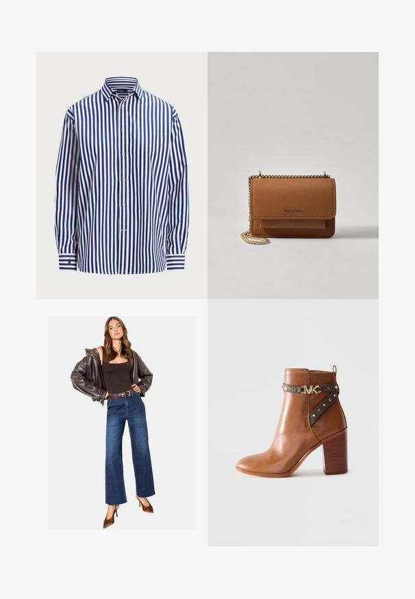 Polo Ralph Lauren RELAXED FIT STRIPED COTTON SHIRT - Užsagstoma palaidinė - fall royal/white; Ruda odinė striukė, juodas bodžio kostiumas, mėlynos džinsinės plačios kelnės su aukštu liemeniu, rudas diržas ir rudi aukštakulniai bateliai.; Ruda odinė kulkšninė batai su sluoksniuoto blokinio kulno, šonine dirželiu su auksiniais skaidriomis ir auksiniu "MK" logotipo sagtimi.; Ruda tekstūruota odinė per petį nešama rankinė su auksiniu grandininiu dirželiu ir užlenkiamo užsegimo. Priekinėje pusėje yra logotipo detalė ir kišenė po užlenkimu.