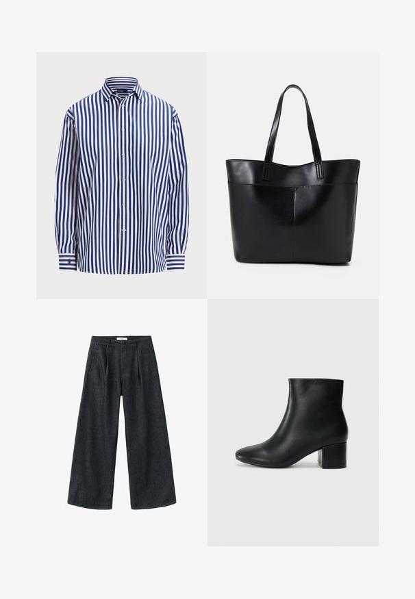 Polo Ralph Lauren RELAXED FIT STRIPED COTTON SHIRT - Button-down blouse - fall royal/white; Dark denim wide-leg trousers with pleats, a high waist, and a classic cut. Features a clean finish at the hem and minimal stitching details.; Black leather ankle boots with a pointed toe and a chunky heel. Smooth texture with minimal accents and a sleek, fitted design.; Black leather tote bag with two long handles, a smooth texture, and a structured shape. Features a front pocket for additional storage.