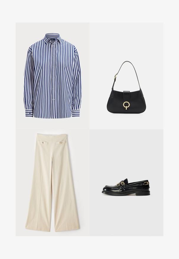Polo Ralph Lauren RELAXED FIT STRIPED COTTON SHIRT - Chemisier - fall royal/white; Pantalons beige à jambe large avec une taille haute, dotés de deux poches décoratives à l'avant et de boutons dorés de chaque côté. Texture de tissu lisse.; Mocassins en cuir noir avec une finition brillante, dotés de deux boucles dorées et d'un talon bas. Texture lisse avec un design à bout arrondi.; Sac à main en cuir noir avec une silhouette arrondie, une courte bandoulière, un matériel doré central et une texture lisse. Aucun motif ni accent visible.